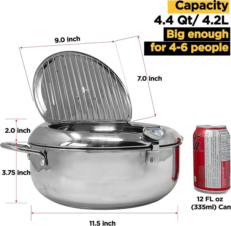 Saltlas Deep Fryer Pot (°C), 11"/4.4Qt (4.2 L) Extra Large Tempura Frying Pot with Lid, 304 Stainless Steel Fry Pot with Temperature Control and Oil Drip Drain Rack - Image 5
